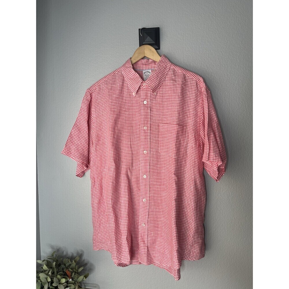 BROOKS BROTHERS Regent 100% IRISH LINEN McNUTT XL Pink Gingham Short Sleeve
